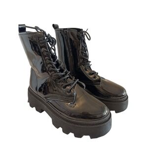 Rouge Black Patent Lug Sole Lace Up Combat Boots Women Size 8 Platform Chunky